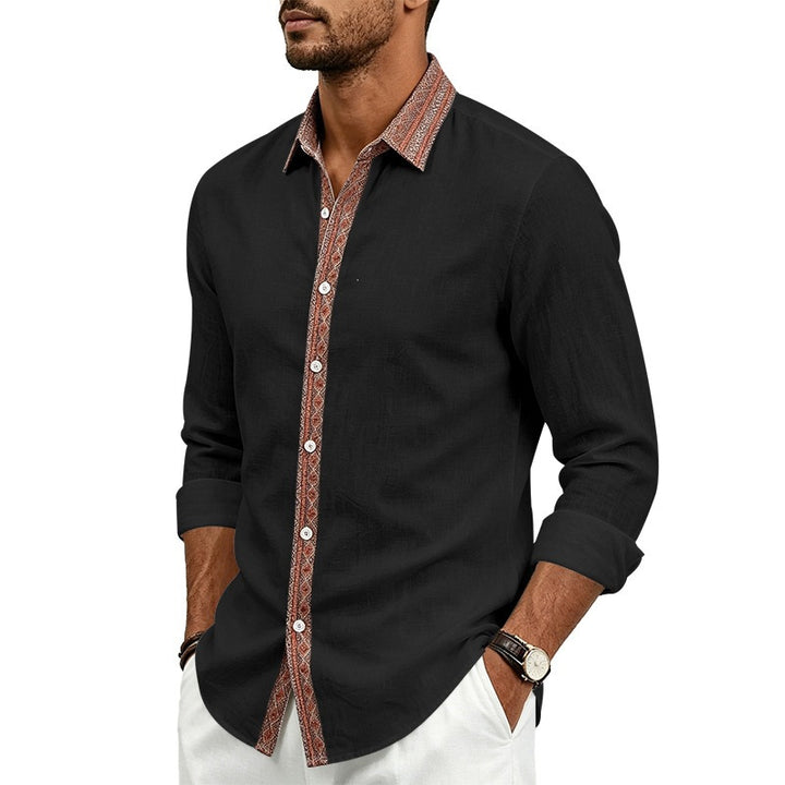 Men's Linen Look Shirt with Contrasted Ethno Trim and Continuous Button Placket Mune Fashion