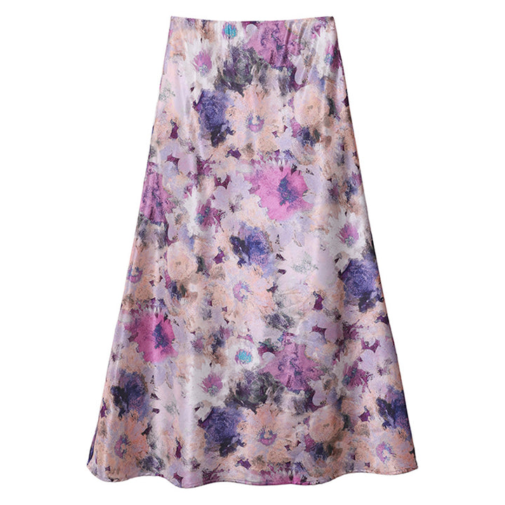 Women's elegant A-line midi skirt with watercolor floral print and fine satin look.