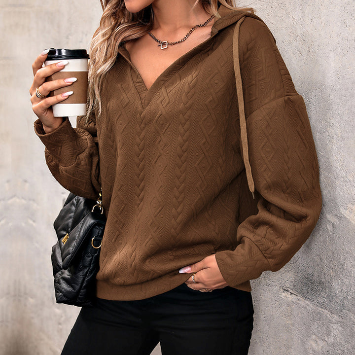 Women's Structured Cable Knit Hooded Sweatshirt with V-Neck and Balloon Sleeves Mune Fashion