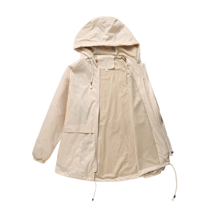 Women's lightweight wind jacket with hood mesh lining drawstring and zipper Mune Fashion
