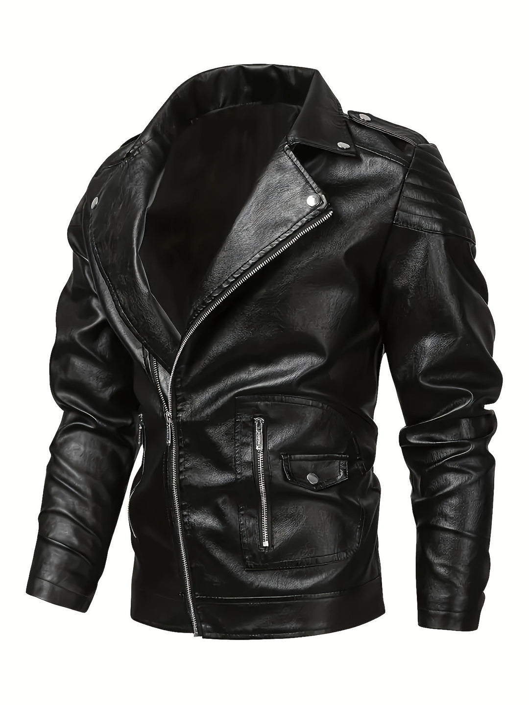 Men's Asymmetrical Biker Jacket made of Faux Leather with Quilted Shoulder Padding and Utility Pockets Mune Fashion