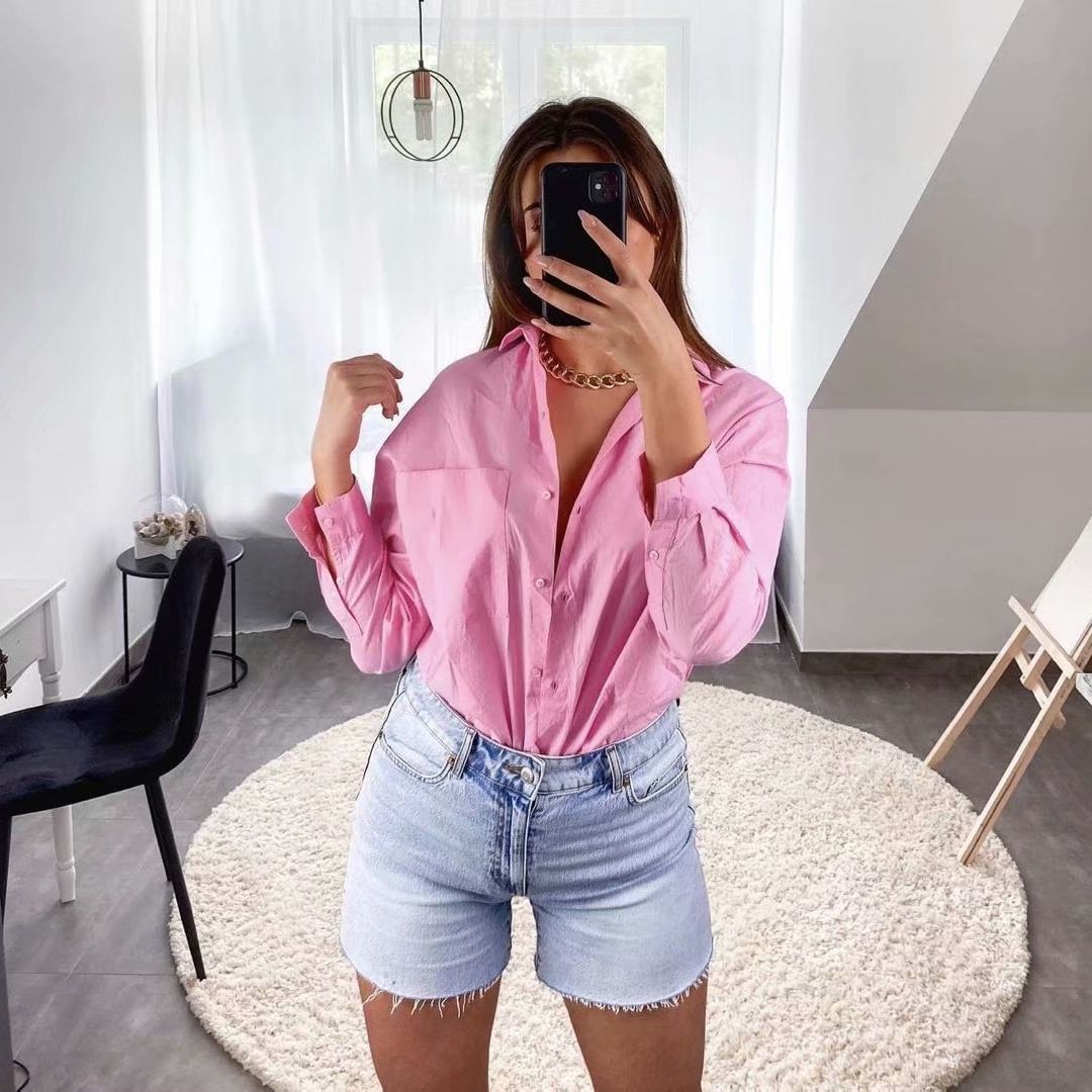 Women's Oversized Shirt Blouse with Round Hem, Chest Pocket and Dropped Shoulders Mune Fashion