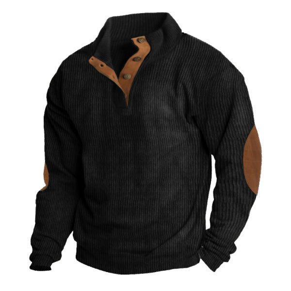 Men's rustic ribbed pullover with Henley collar and leather-like elbow patches Mune Fashion