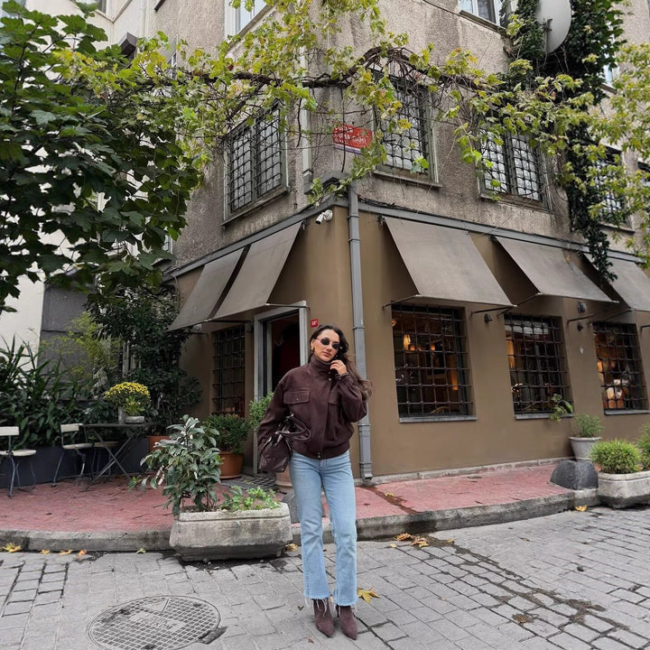 Ladies Short Boxy Jacket in Suede Look with High Funnel Neck Mune Fashion