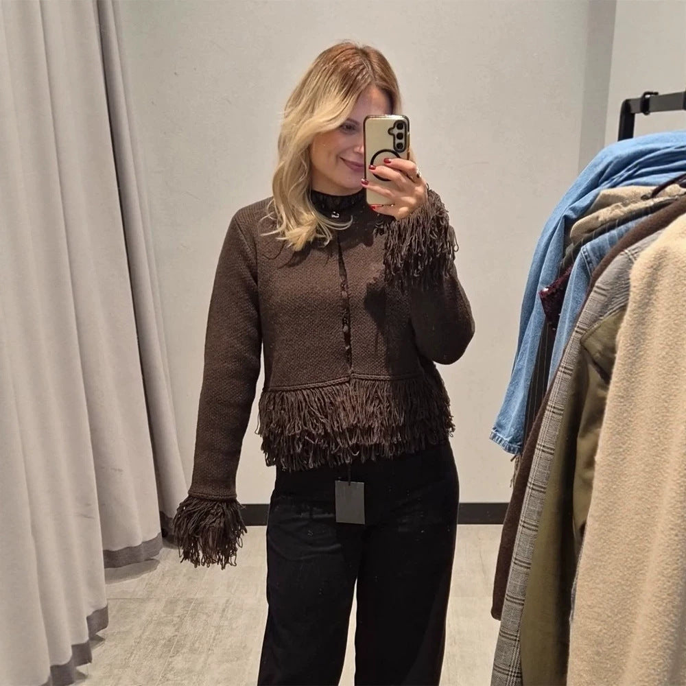 Women's cardigan with layered fringes, mother-of-pearl closure and boxy silhouette Mune Fashion