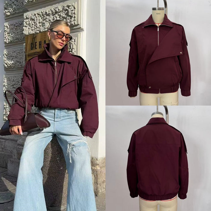 Women's oversized bomber jacket with asymmetric placket front, standing collar, and drawstring hem Mune Fashion