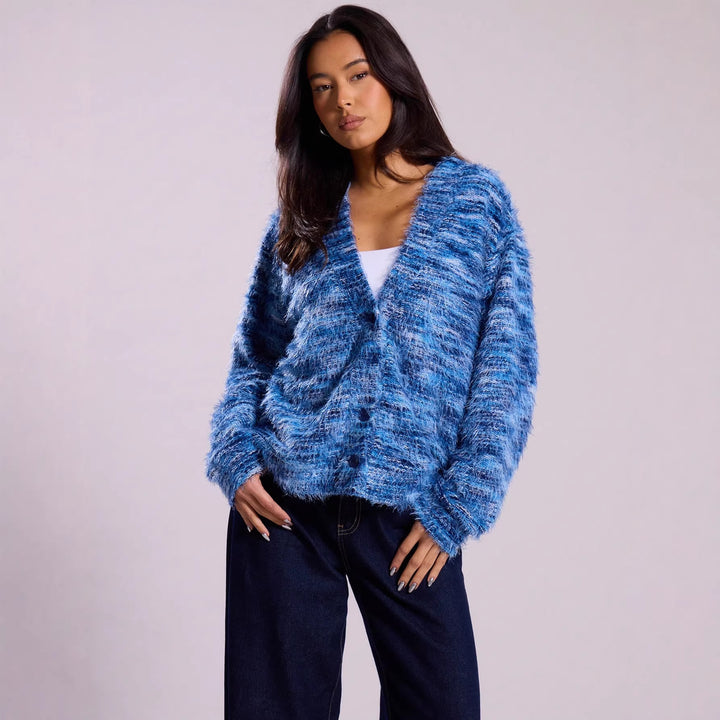 Women's Oversize Fuzzy Sweater with Wide Carmen Neckline and Mélange Knit Structure Mune Fashion
