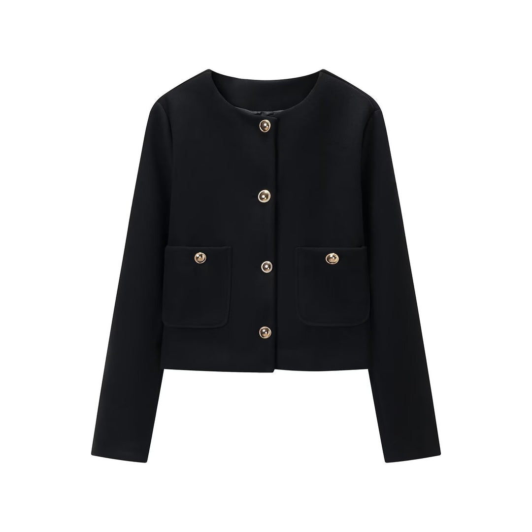 Women's cropped wool blend jacket with round neck, patch pockets and gold decorative buttons Mune Fashion