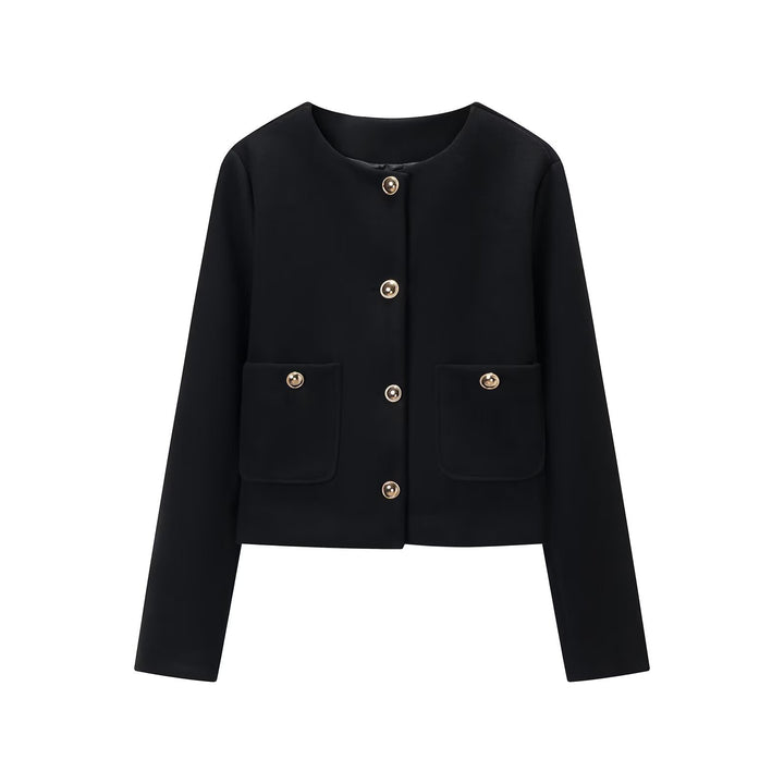 Women's cropped wool blend jacket with round neck, patch pockets and gold decorative buttons Mune Fashion
