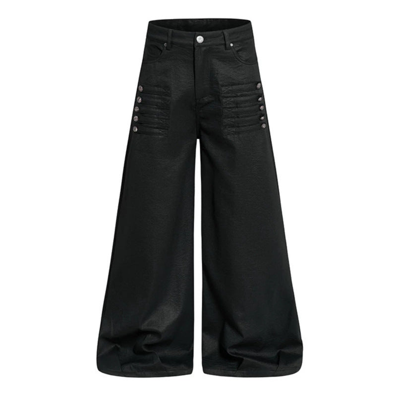 Women's wide high-cut palazzo pants with coated leather look, extra wide leg and statement print Mune Fashion