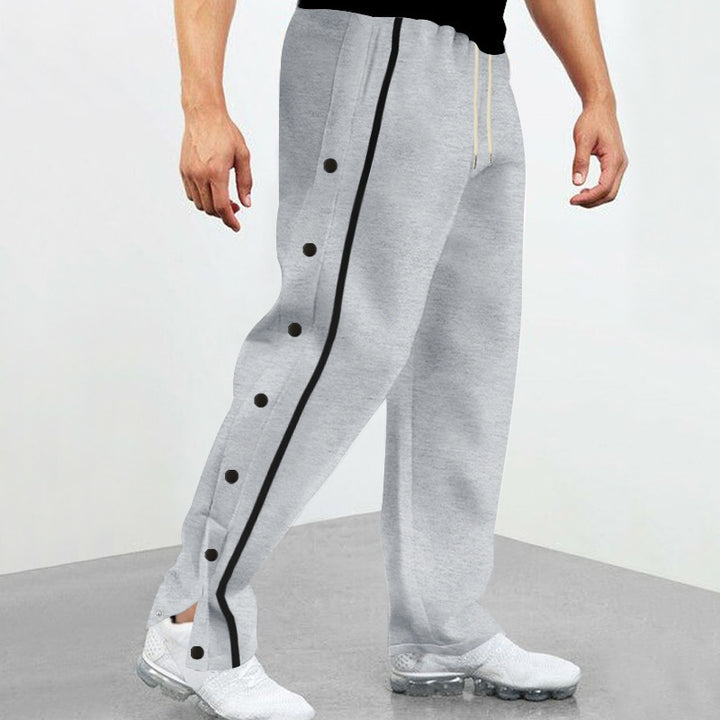 Men's Snap Track Pants with side snap buttons, contrasting side stripe, and elastic drawstring waistband Mune Fashion