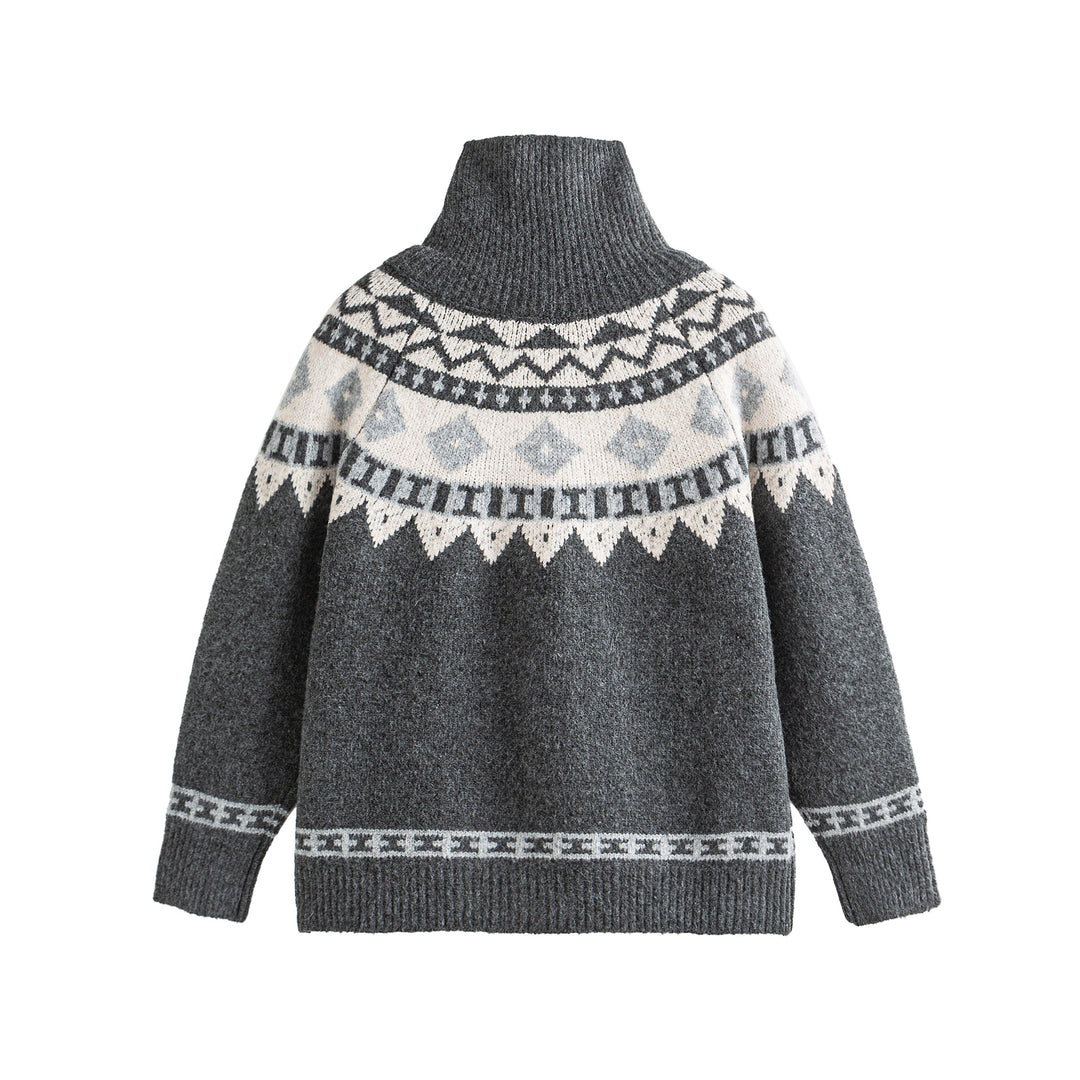 Women's Norwegian pattern knitted cardigan with high stand collar and toggle closures Mune Fashion