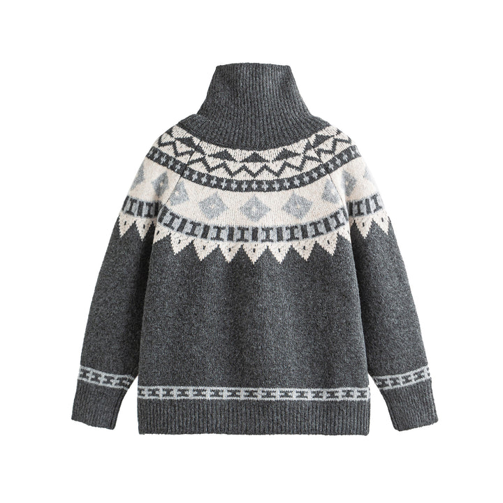 Women's Norwegian pattern knitted cardigan with high stand collar and toggle closures Mune Fashion