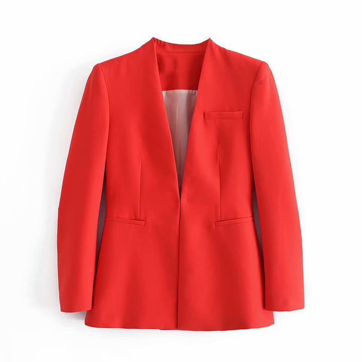 Women Tailored Blazer without Lapels with Open Front and Welt Pockets Mune Fashion