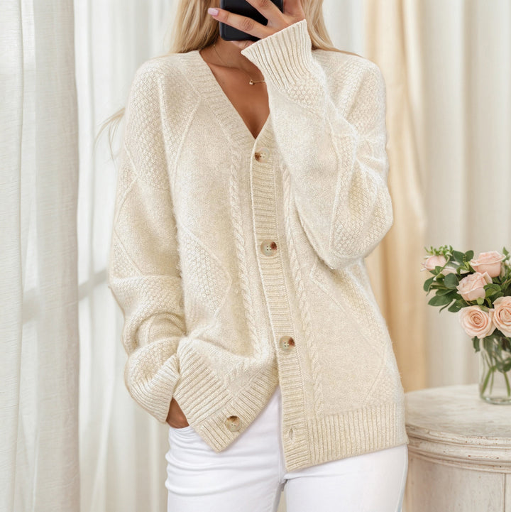 Ladies' oversized knit cardigan with V-neck and pearl buttons Mune Fashion