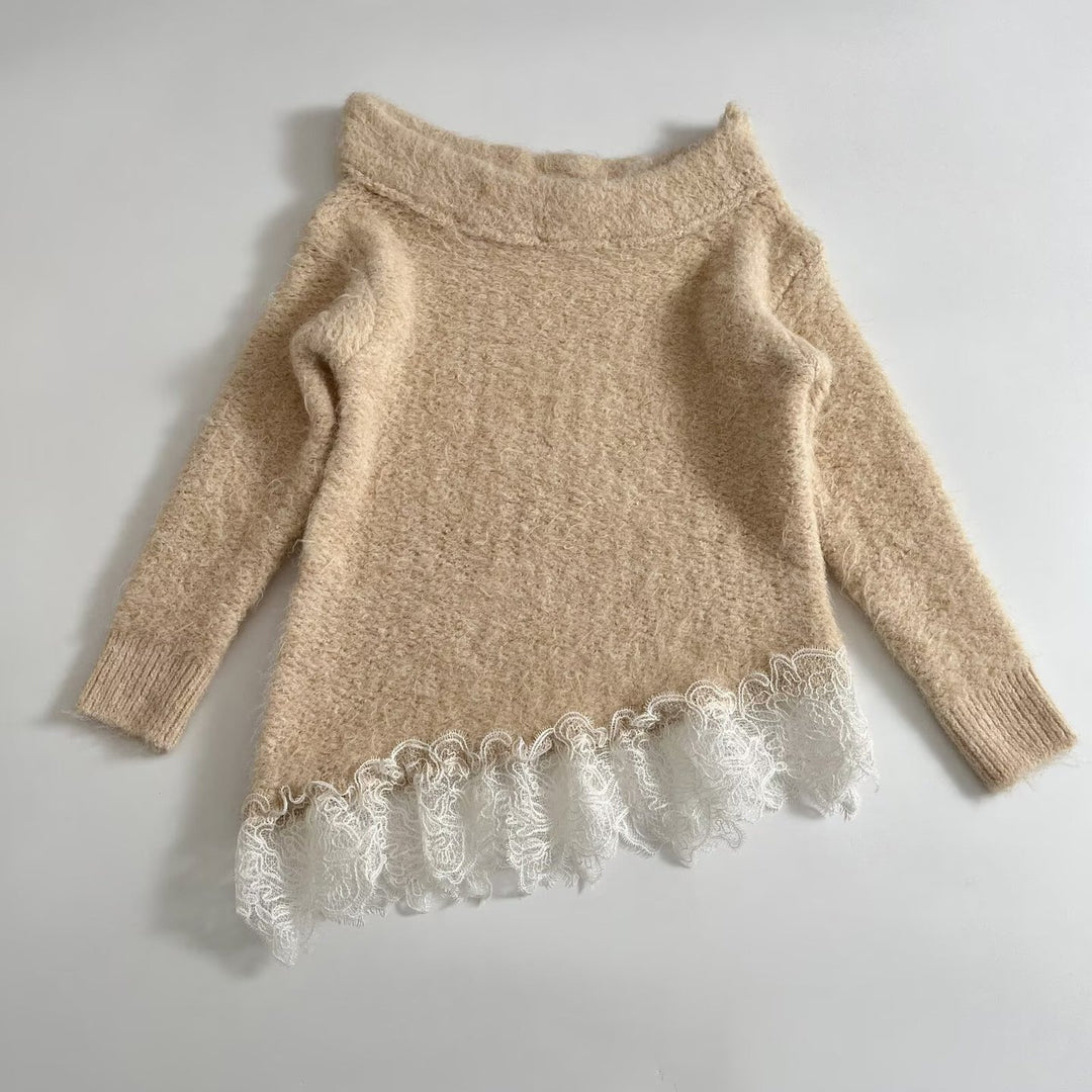 Women's Fuzzy Knit Sweater with Off-the-Shoulder Neckline and Lace Trim Mune Fashion