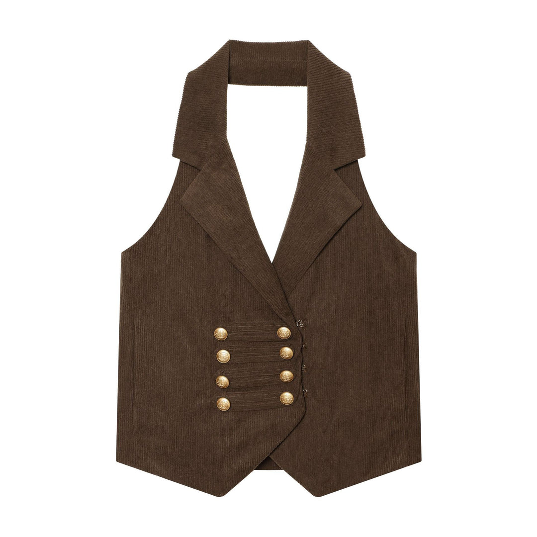 Women's tailored cord vest with double button placket and lapel collar Mune Fashion