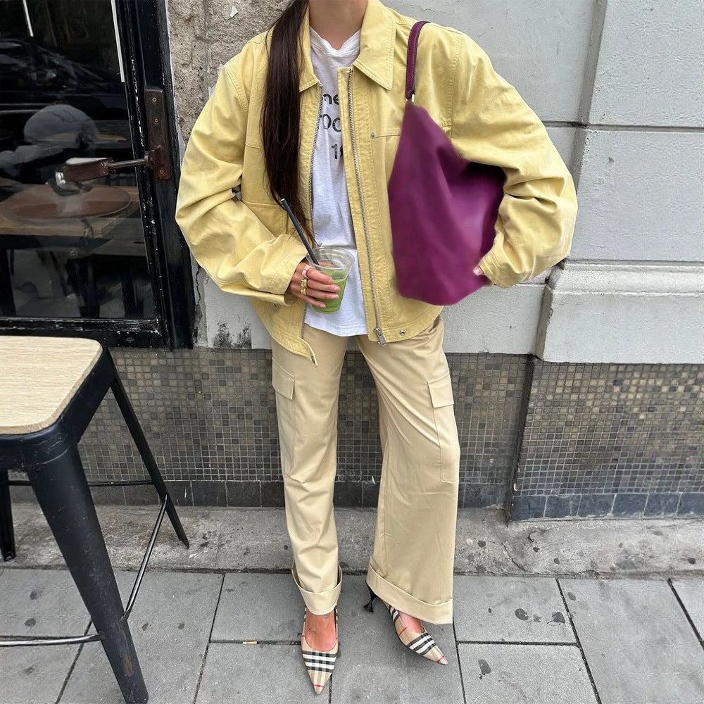 Women's Boxy-Canvas-Jacket with Zipper, Flap Pockets and Waist Drawstring Mune Fashion