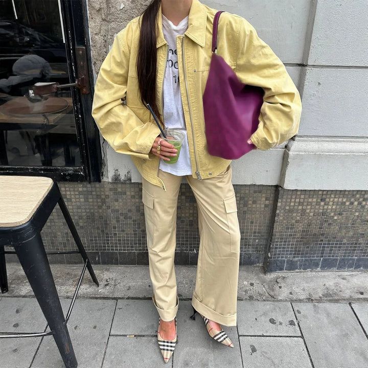 Women's Boxy-Canvas-Jacket with Zipper, Flap Pockets and Waist Drawstring Mune Fashion