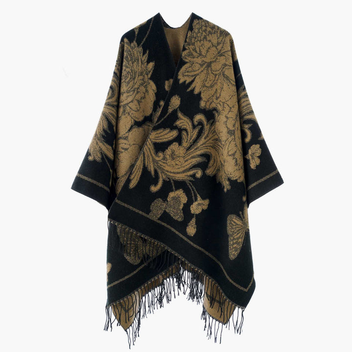 Women Reversible Knitted Cape-Poncho with Fringes and Contrasting Stripes Mune Fashion