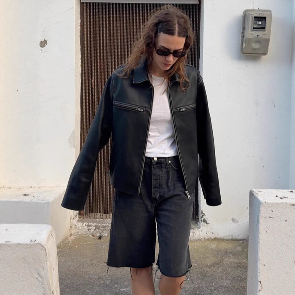Women Boxy Faux Leather Jacket with Double Zipper and Chest Zippers Mune Fashion