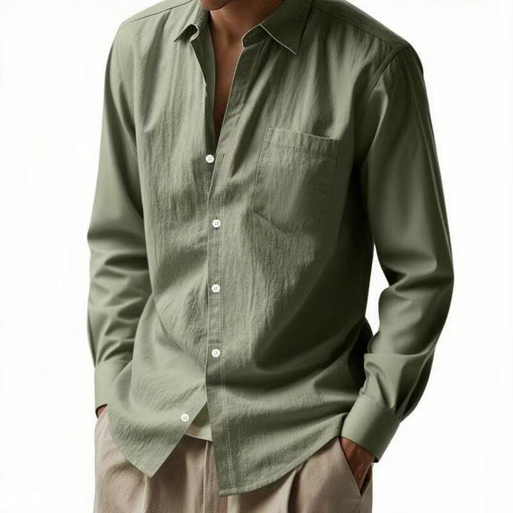 Men's Resort Long Sleeve Shirt made of Linen Voile with Open Kent Collar and Patch Chest Pocket Mune Fashion