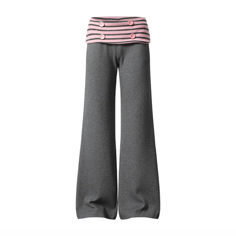 Women's Wide Loungewear Pants with Cuffable Striped Waistband and Decorative Buttons Mune Fashion
