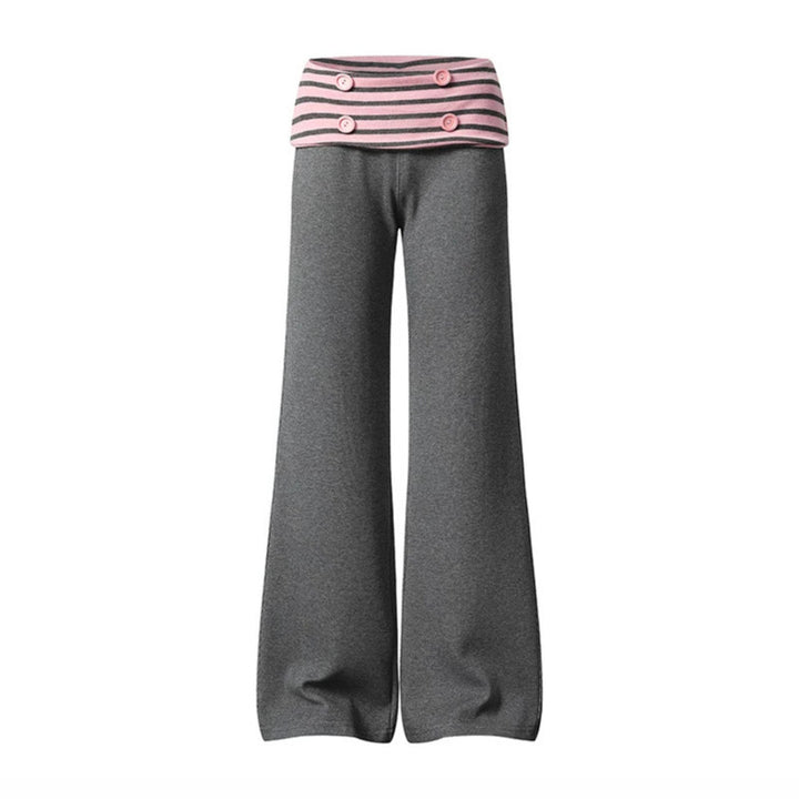 Women's Wide Loungewear Pants with Cuffable Striped Waistband and Decorative Buttons Mune Fashion