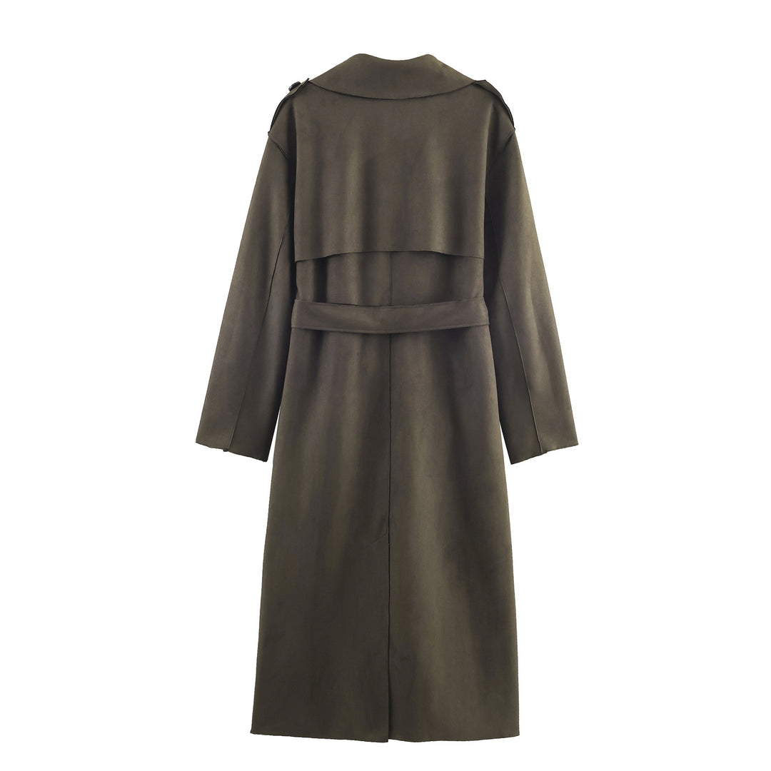 Women's Mid-length Trench Coat with Tied Belt and Shoulder Straps Mune Fashion