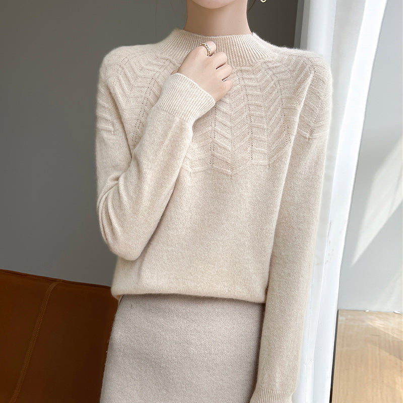 Women's Soft Fine Knit Mock Neck Sweater with Chevron Ajour and Cashmere Look Mune Fashion