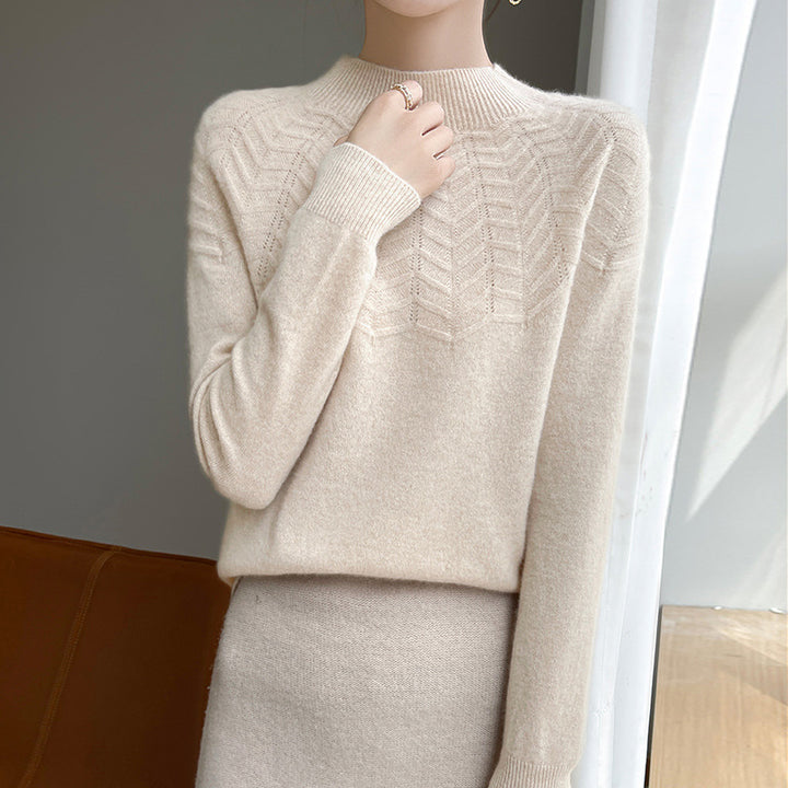 Women's Soft Fine Knit Mock Neck Sweater with Chevron Ajour and Cashmere Look Mune Fashion