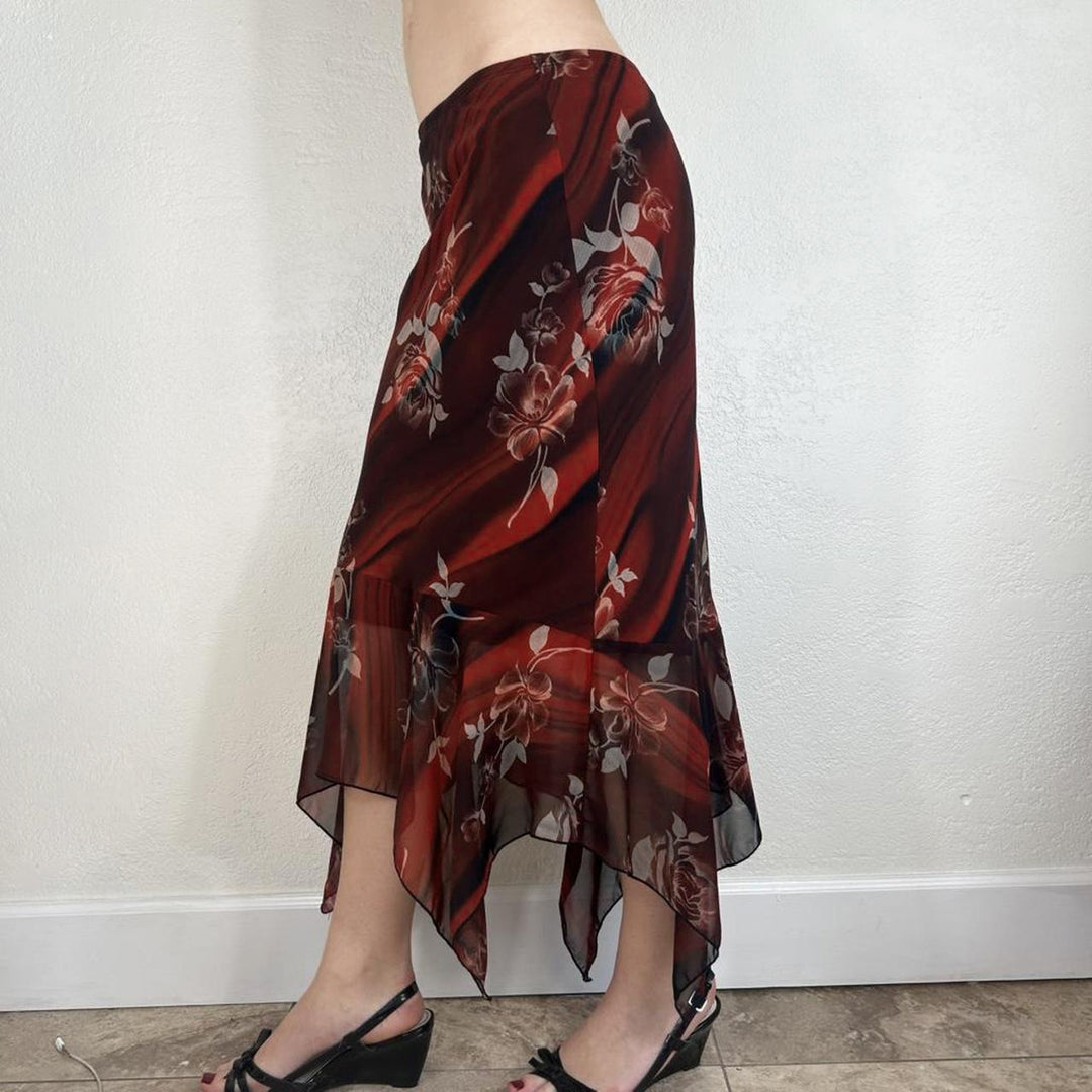 Women Asymmetrical Mesh Midi Skirt with Ruffle Layers and Floral Pattern Mune Fashion