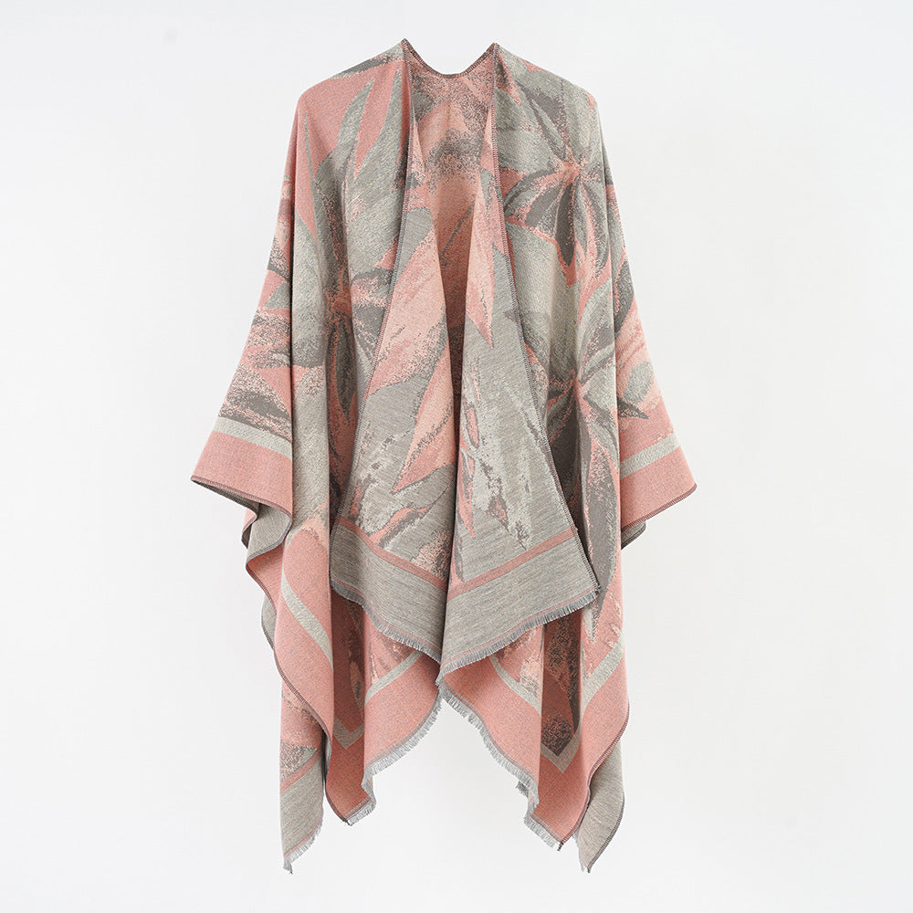Women's jacquard wrap poncho with floral-abstract woven texture and softly falling oversized cape Mune Fashion