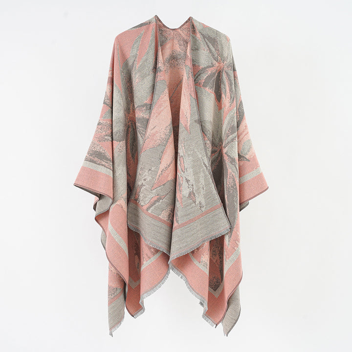 Women's jacquard wrap poncho with floral-abstract woven texture and softly falling oversized cape Mune Fashion