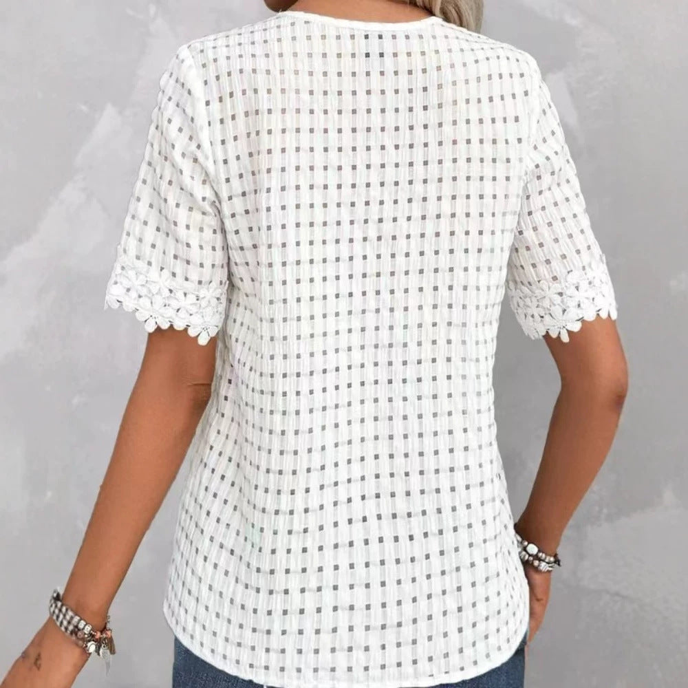 Women's lightweight structured shirt with check mesh, decorative lace trim at the V-neck and short sleeve hems Mune Fashion