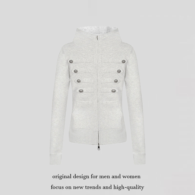 Ladies hooded sweatshirt jacket in military style with stand-up collar, decorative straps, and continuous zipper Mune Fashion
