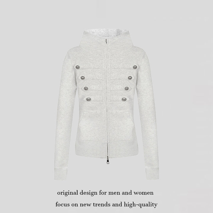 Ladies hooded sweatshirt jacket in military style with stand-up collar, decorative straps, and continuous zipper Mune Fashion