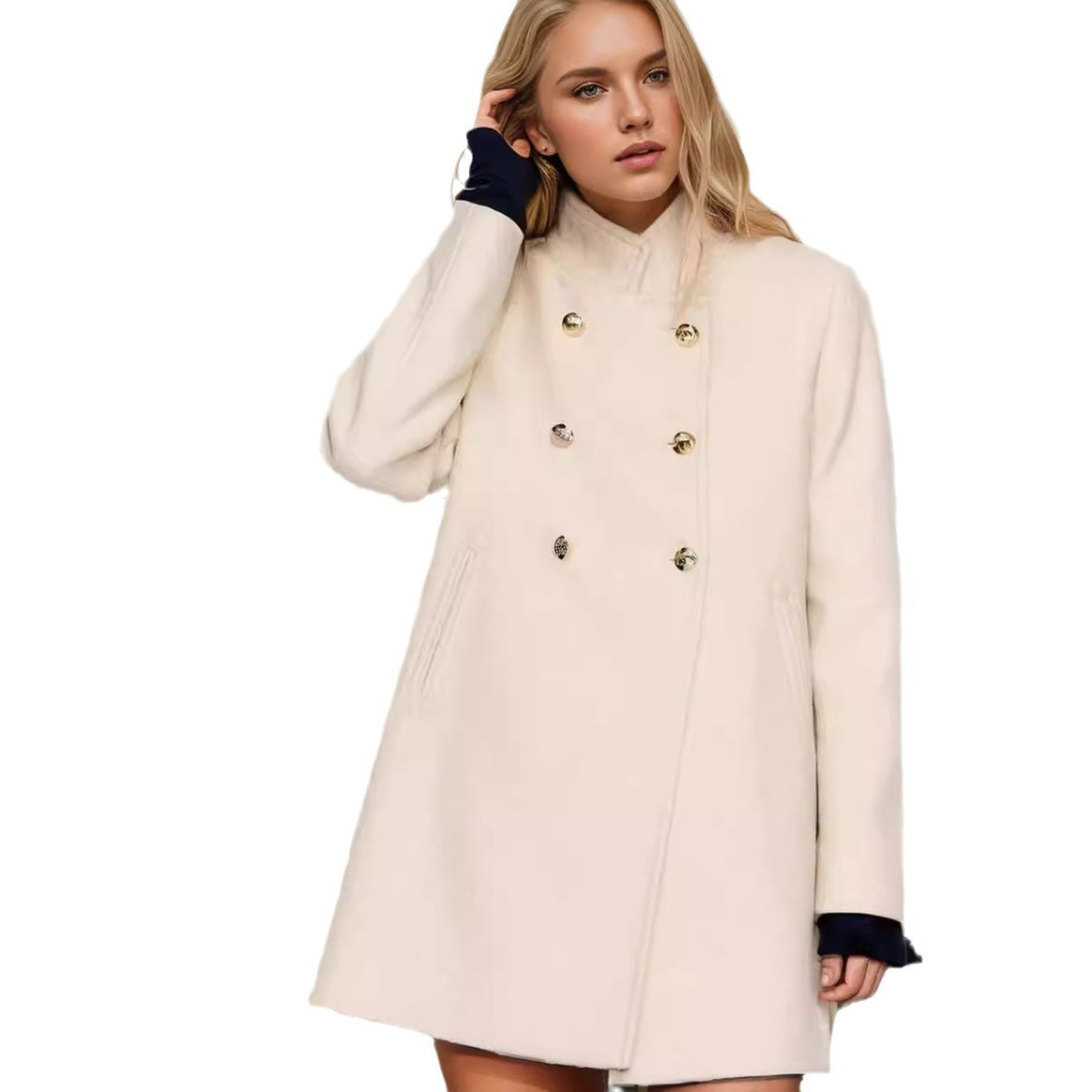 Women's Double-breasted Long Coat with Stand Collar and Decorative Buttons Mune Fashion