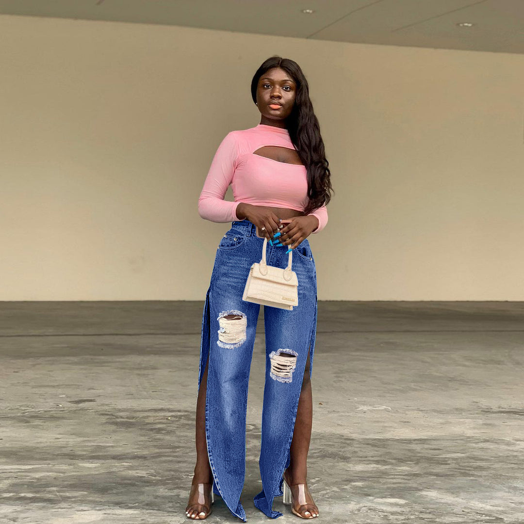 Ladies High-Waisted Wide-Leg Jeans with Knee Rips and Side Slits Mune Fashion