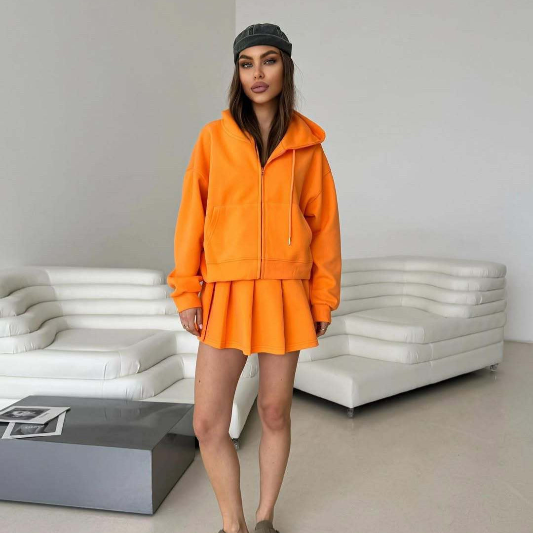 Women's Short Zip Hoodie with Pleated Mini Skirt Lounge Set Mune Fashion