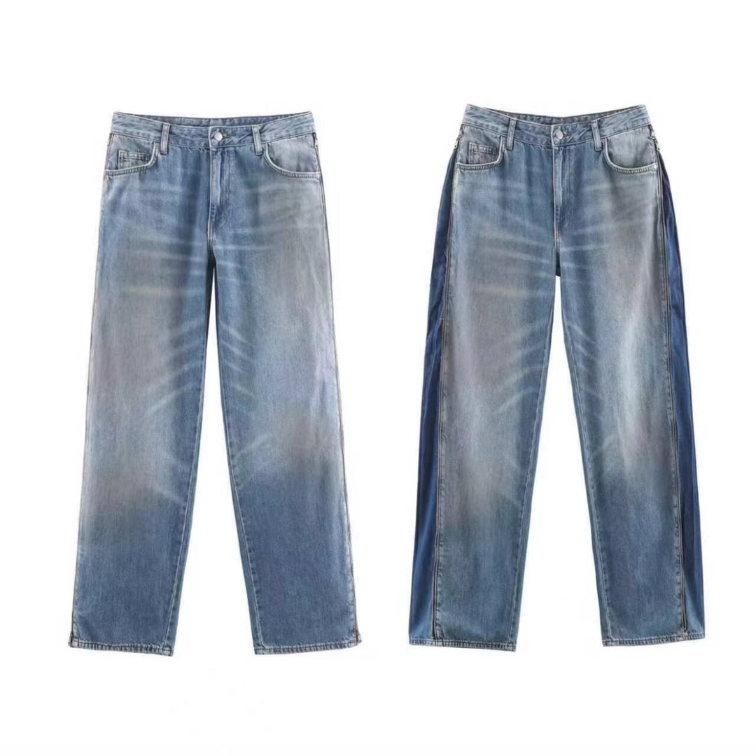 Ladies Wide High-Waist Jeans with Straight Leg and Vintage Wash Mune Fashion