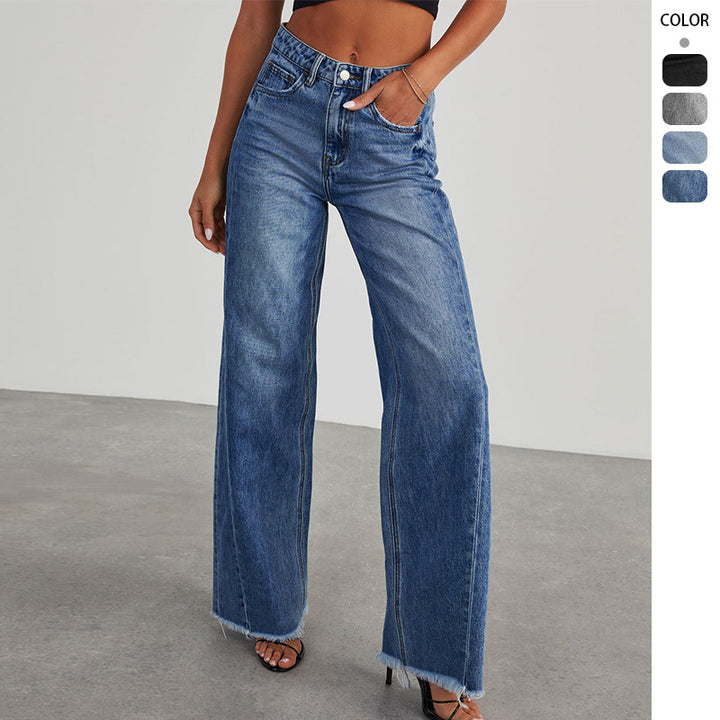 Women's high-waisted wide-leg jeans with raw fringe hem and straight leg Mune Fashion
