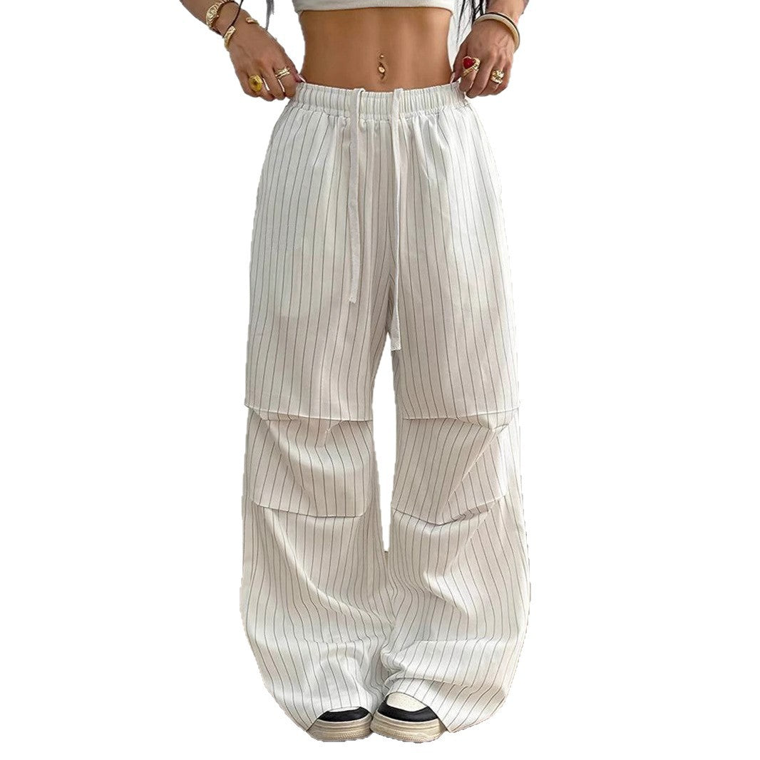 Women's Wide Pinstripe Lounge Pants with High Elastic Waistband and Drawstring