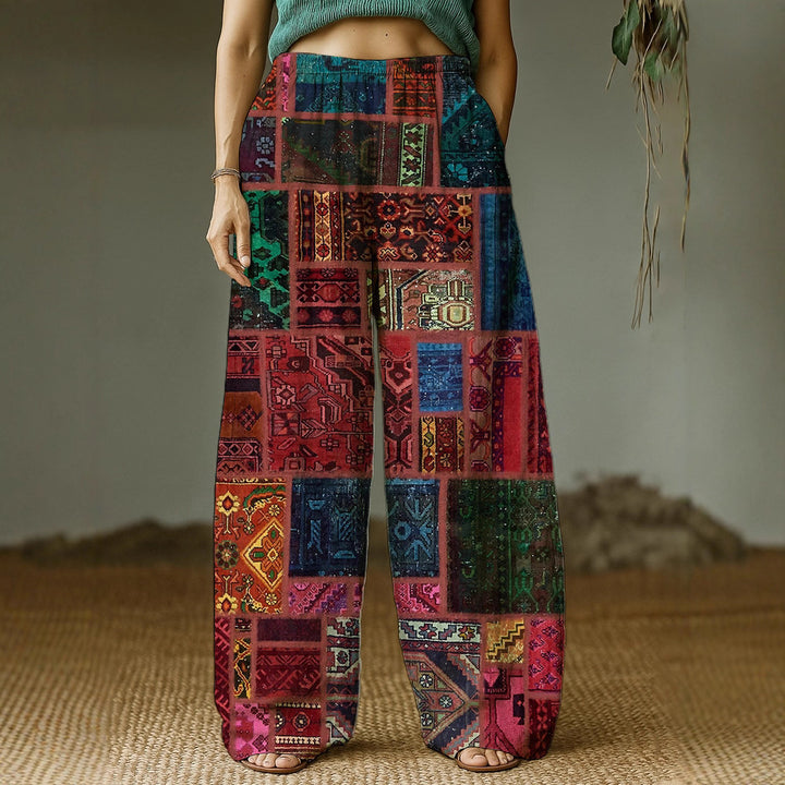 Women's Wide Leisure Pants with Ethnic Patchwork Pattern Mune Fashion