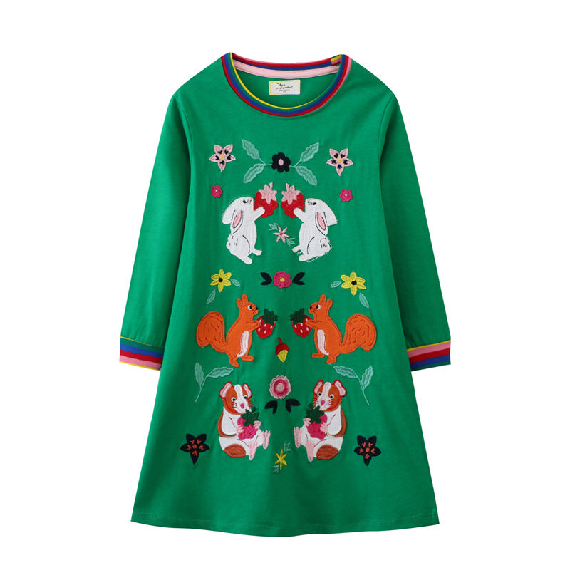 Girl Long Sleeve Dress with Colorful Animal and Flower Embroidery Mune Fashion