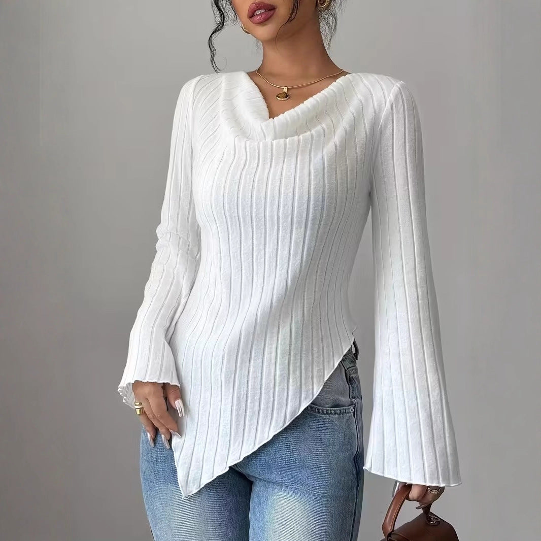 Women Asymmetrical Ribbed Fine Knit Sweater with V-Neck Mune Fashion