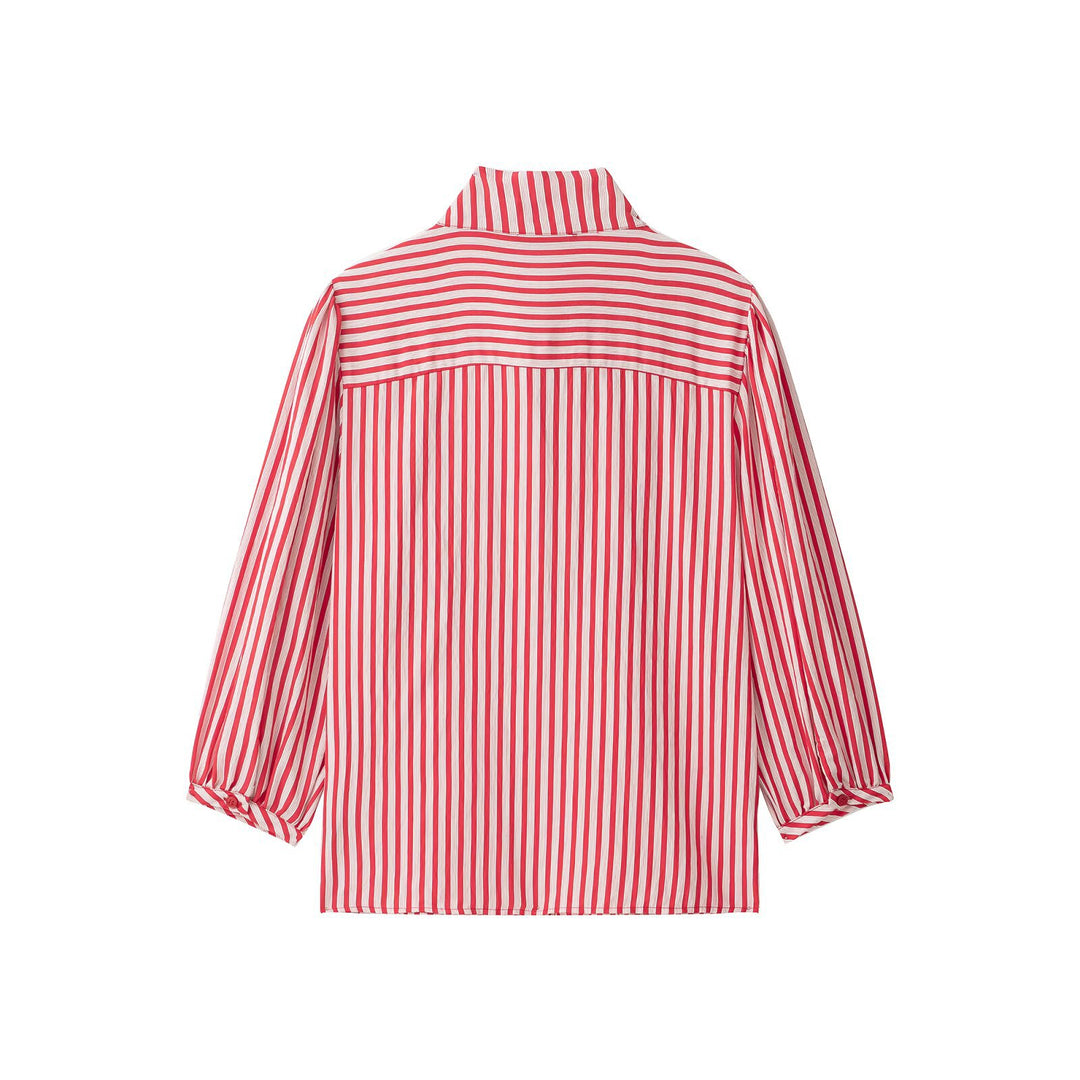Women's Striped Blouse with Bow Collar, Ruffled Yoke and Balloon Sleeves Drune