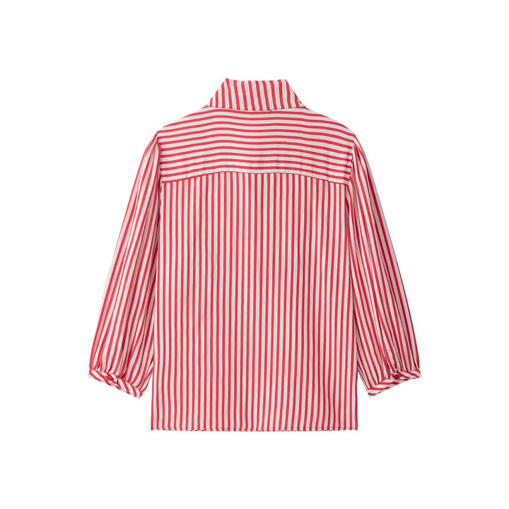 Women's Striped Blouse with Bow Collar, Ruffled Yoke and Balloon Sleeves Drune