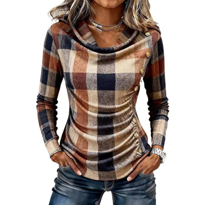 Women's Plaid Long Sleeve Fine Knit Top with Waterfall Collar and Decorative Button Placket Mune Fashion