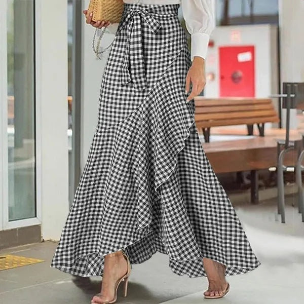 Women nan wrap maxi skirt with Vichy check, high waist tie and asymmetrical flounce hem Mune Fashion